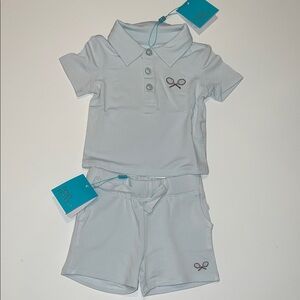 Posh Peanut Baby Blue Polo Shirt and Short Set with Embroidered Tennis Racket